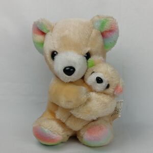 Mama Bear Hugging Baby Bear Plush Tan Pastel Rainbow Soft Stuffed Teddy Toy